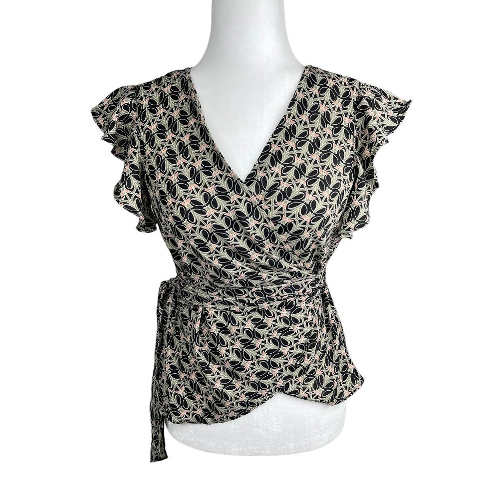 NWT Max Studio Floral Print Belted Faux Wrap Top Flutter Sleeves Blouse MSRP $78